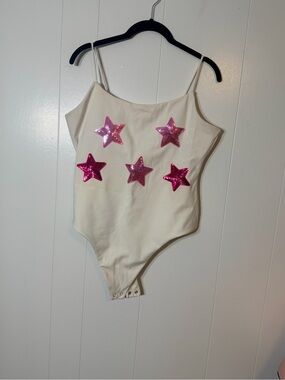 White One-Piece with Pink Sequin Stars